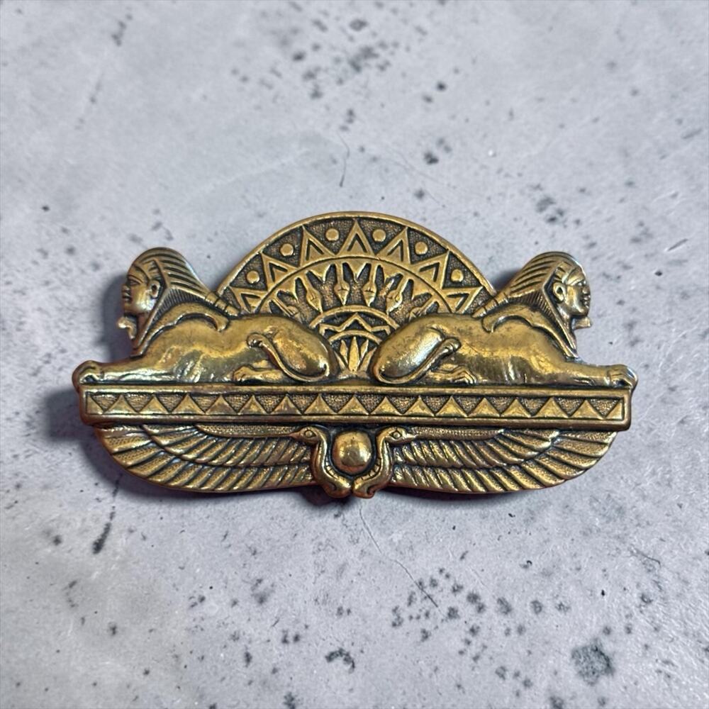 Egyptian Revival Sphinx Brooch 1970s Gold Tone Pharaoh Winged Pin